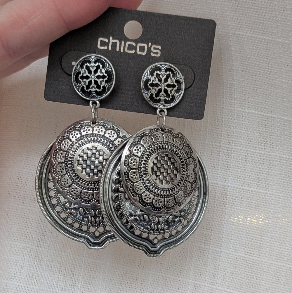 Chico's Silver-Tone Ornate Medallion Drop Earrings